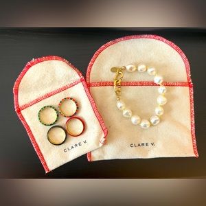 Clare V | Baroque Pearl + Vintage Gold Bracelet w/ Four Enamel Stack Rings | NEW